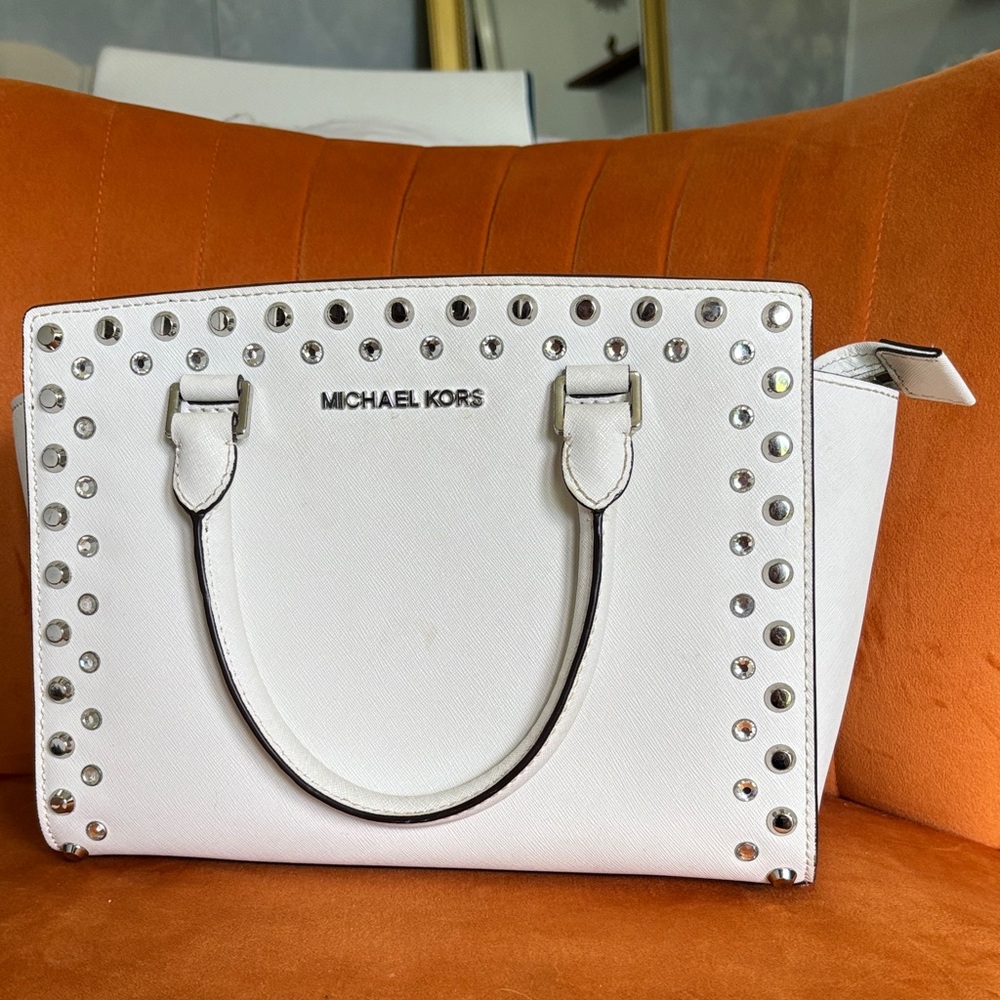 Michael Kors White Selma Medium Grommet Studded Satchel Purse